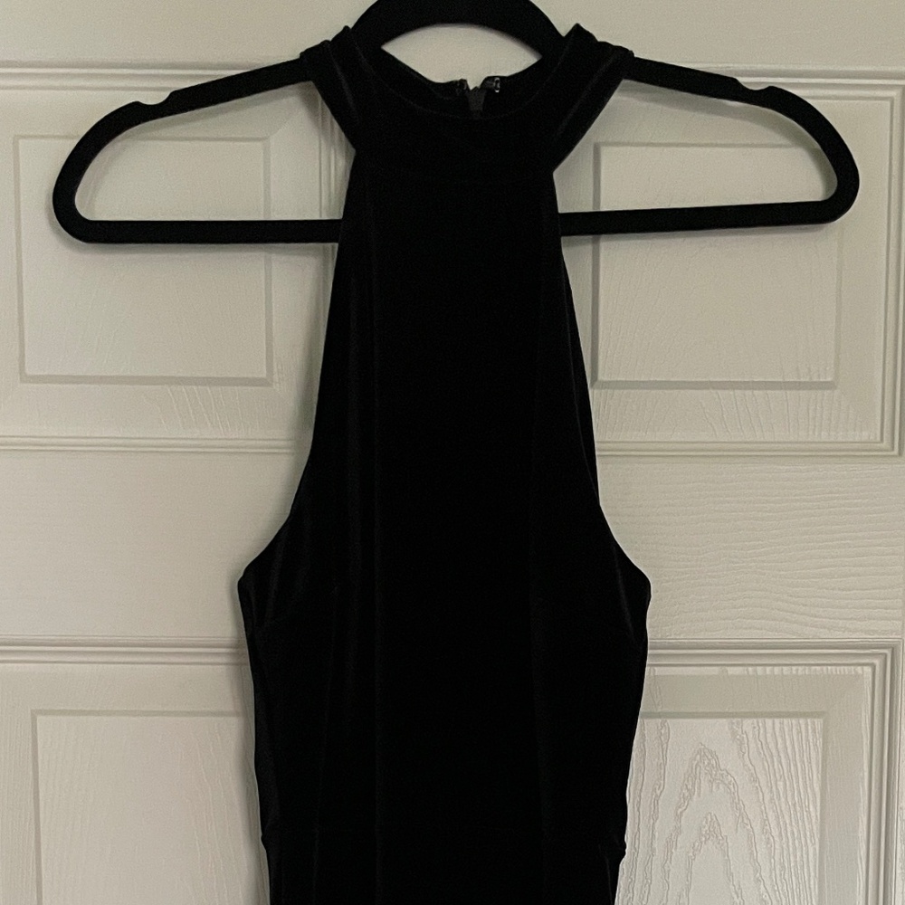 express velvet + high neck halter black dress, xs